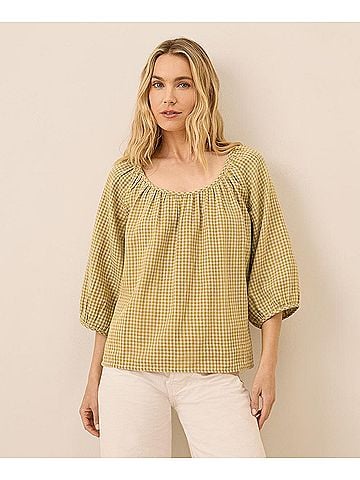 Pact Gold Gingham Coastal Double Gauze Scoop Neck Top (view 2)