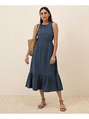 Pact French Navy Coastal Double Gauze Tiered Midi Dress (view 2)