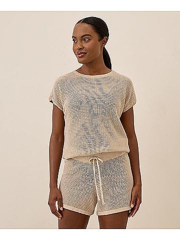 Pact Sandshell Beachside Crochet Knit Short Sleeve Top (view 2)