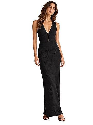 STAUD Sample Prototype Rare Bodycon V Neck Ribbed Knit Midi Maxi Dress Casual Dress (view 1)