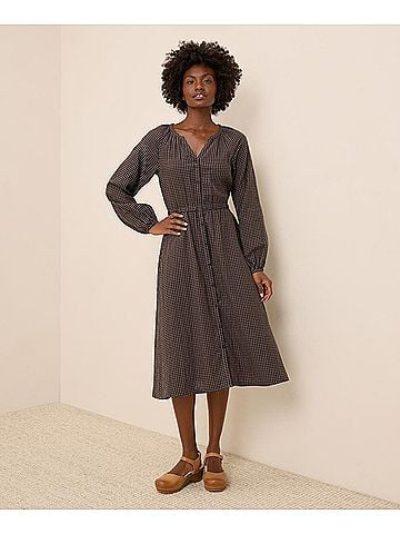 Pact Autumn Gingham Coastal Double Gauze Poet Sleeve Dress (view 2)