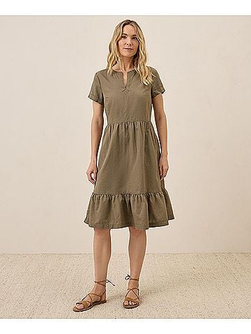 Pact Khaki Green Canopy Linen Blend Notch Neck Dress (view 2)