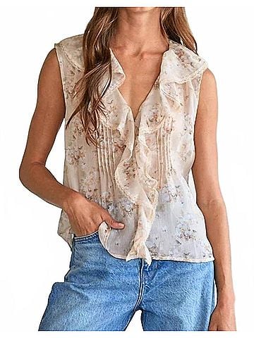 By Together Women's Gardenia Ruffle Top in Taupe Multi (view 2)