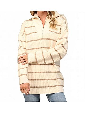 Fate Stripe Half-Zip Tunic Sweater in Bone &amp; Mocha (view 2)