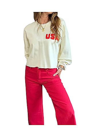 By Together Usa Patch Cropped Pullover Top in Ivory (view 2)