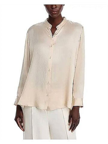 Eileen Fisher Silk Mandarin Collar Shirt in Almond (view 2)