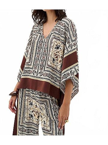 Joseph Ribkoff Scarf Print V-Neck Poncho Top in Beige/Multi (view 2)
