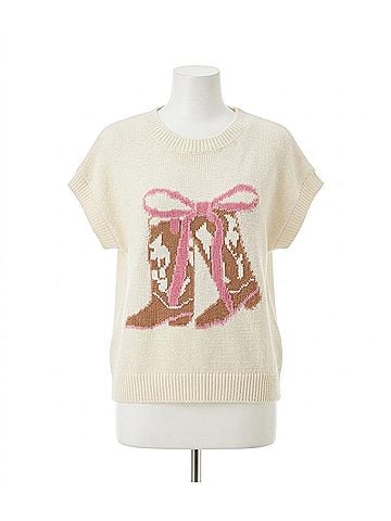 Blu Pepper Boot Bow Short Sleeve Knit Sweater in Cream (view 1)