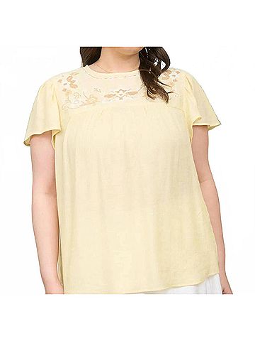 Blu Pepper Floral Embroidery Flouce Sleeve Top in Butter Yellow (view 2)