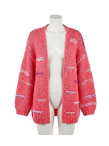 Listicle Hand Crochet Knit Stripe Design Open Cardigan in Hot Pink (view 1)