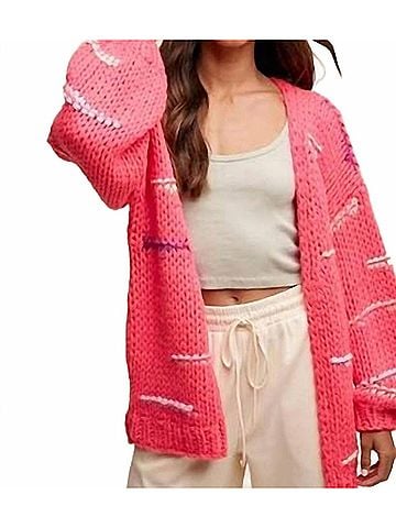 Listicle Hand Crochet Knit Stripe Design Open Cardigan in Hot Pink (view 2)