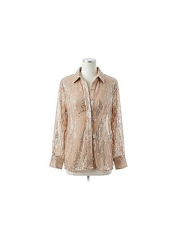 Glam Sequin Collard Button Down Shirt in Taupe (view 1)