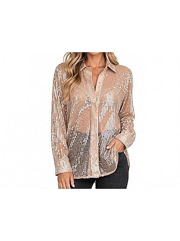Glam Sequin Collard Button Down Shirt in Taupe (view 2)