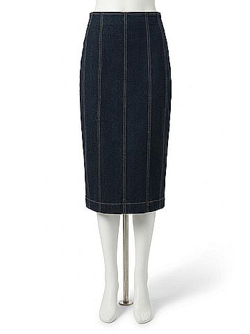 Joseph Ribkoff Salma Stretch Denim Stitch Detail Pencil Midi Skirt in Indigo (view 1)