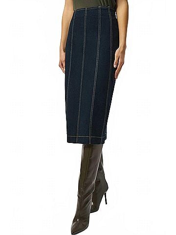 Joseph Ribkoff Salma Stretch Denim Stitch Detail Pencil Midi Skirt in Indigo (view 2)