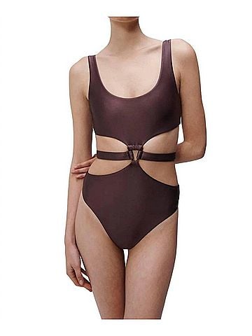 Jonathan Simkhai Emelia Satin Swim One Piece in Dark Chocolate (view 2)