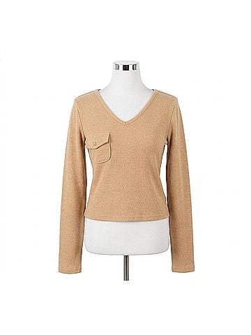 Pol Women's Waffle V Neck Crop Long Sleeve Top in Sand (view 1)