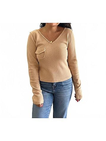 Pol Women's Waffle V Neck Crop Long Sleeve Top in Sand (view 2)