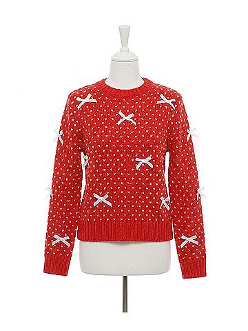 She + Sky Two Tone Bow Sweater in Red (view 1)