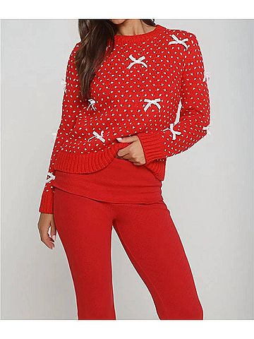 She + Sky Two Tone Bow Sweater in Red (view 2)
