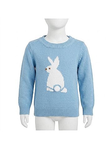 Mud Pie Kid's Crew Neck Boy Bunny Sweater in Light Blue (view 2)