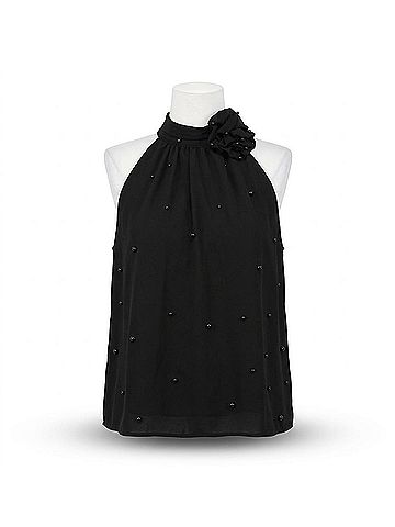 Fate Pearl Embellished Halter Top in Black (view 1)
