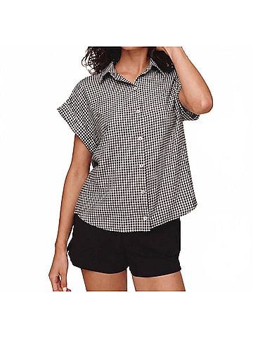 Bella Dahl Short Roll Sleeve Shirt in Black Micro Gingham (view 2)