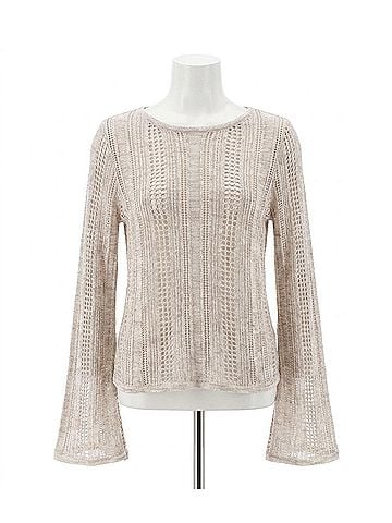 Minnie Rose Sequin Pointelle Stripe Boat Neck Top in Sand (view 1)