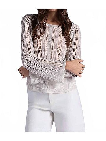 Minnie Rose Sequin Pointelle Stripe Boat Neck Top in Sand (view 2)