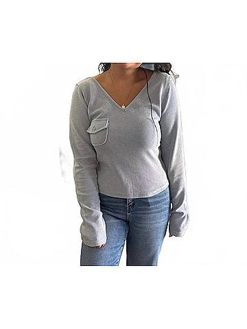 Pol Women's Waffle V-Neck Crop Long Sleeve Top in Powder Blue (view 2)