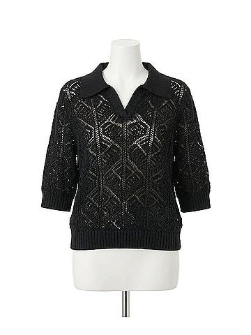 Joseph Ribkoff Open Knit 3/4 Sleeve Polo Sweater in Black (view 1)
