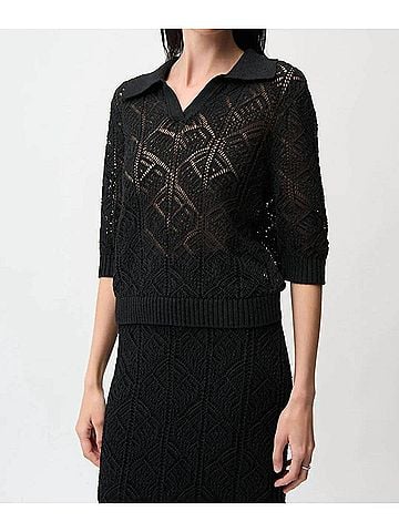 Joseph Ribkoff Open Knit 3/4 Sleeve Polo Sweater in Black (view 2)