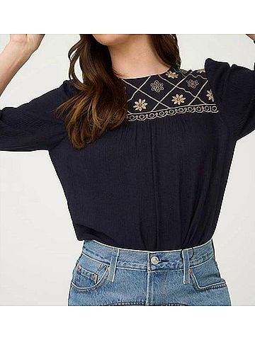 Blu Pepper Floral Embroidered Yoke 3/4 Sleeve Blouse in Navy (view 2)