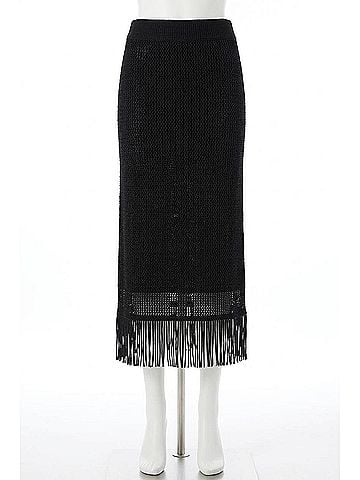 Joseph Ribkoff Fringe Trim Sweater Knit Midi Skirt in Black (view 1)