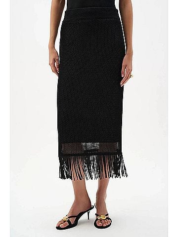 Joseph Ribkoff Fringe Trim Sweater Knit Midi Skirt in Black (view 2)