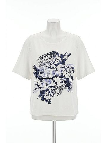 Joseph Ribkoff Embellished Graphic Print T-Shirt in Vanilla/Blue (view 1)