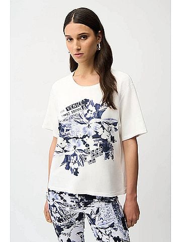Joseph Ribkoff Embellished Graphic Print T-Shirt in Vanilla/Blue (view 2)