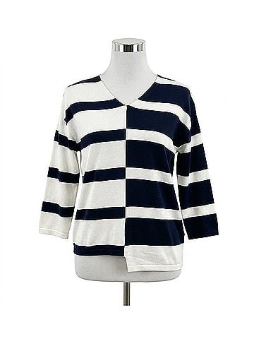 Joseph Ribkoff Striped Knit V-Neck Pullover Sweater in Midnight Blue/Vanilla (view 1)