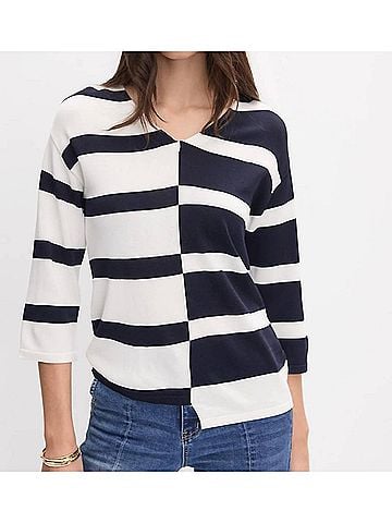 Joseph Ribkoff Striped Knit V-Neck Pullover Sweater in Midnight Blue/Vanilla (view 2)