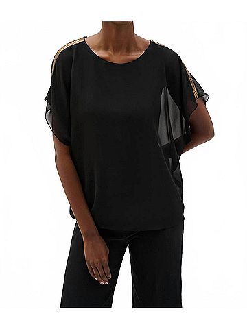 Joseph Ribkoff Sequined Shoulders Chiffon Poncho Top in Black/Bronze (view 2)