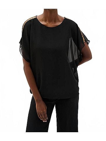 Joseph Ribkoff Sequined Shoulders Chiffon Poncho Top in Black/Bronze (view 2)