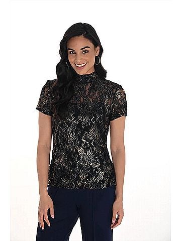Frank Lyman Design Emmeline Embellished Floral Lace Short Sleeve Top in Navy And Gold (view 2)