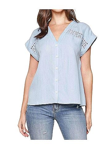 Sugarlips Chambray Crochet Trim Top in Light Blue (view 2)