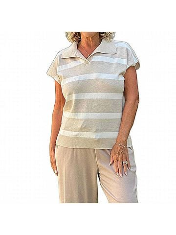 Coco + Carmen Heavenly-Luxe Striped Short Sleeve Sweater in Oatmeal White (view 2)