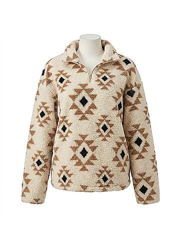 She + Sky Half Zip Printed Teddy Pullover Sweatshirt in Khaki Aztec (view 1)