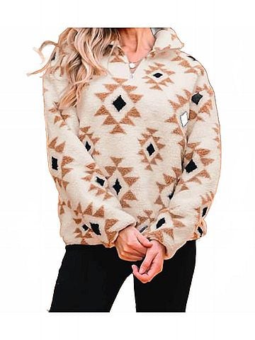 She + Sky Half Zip Printed Teddy Pullover Sweatshirt in Khaki Aztec (view 2)