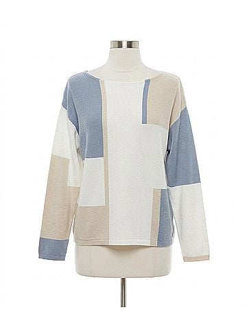 Joseph Ribkoff Color Block Geometric Pullover Sweater Top in Winter White/Birch/Chambray (view 1)