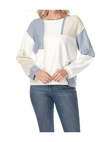 Joseph Ribkoff Color Block Geometric Pullover Sweater Top in Winter White/Birch/Chambray (view 2)