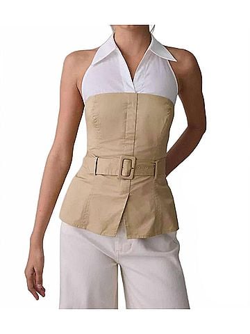Astr Aleda Layered Halter Neck Top in Khaki (view 2)