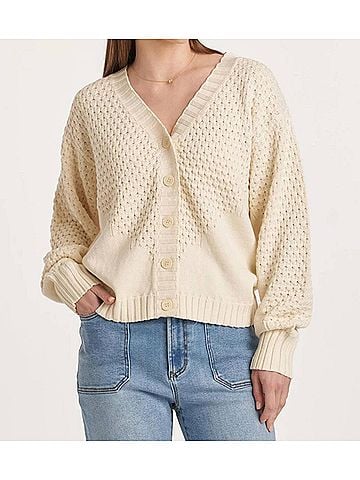 Another Love Arlen Puff Sleeve V Neck Cardigan in Ivory (view 2)